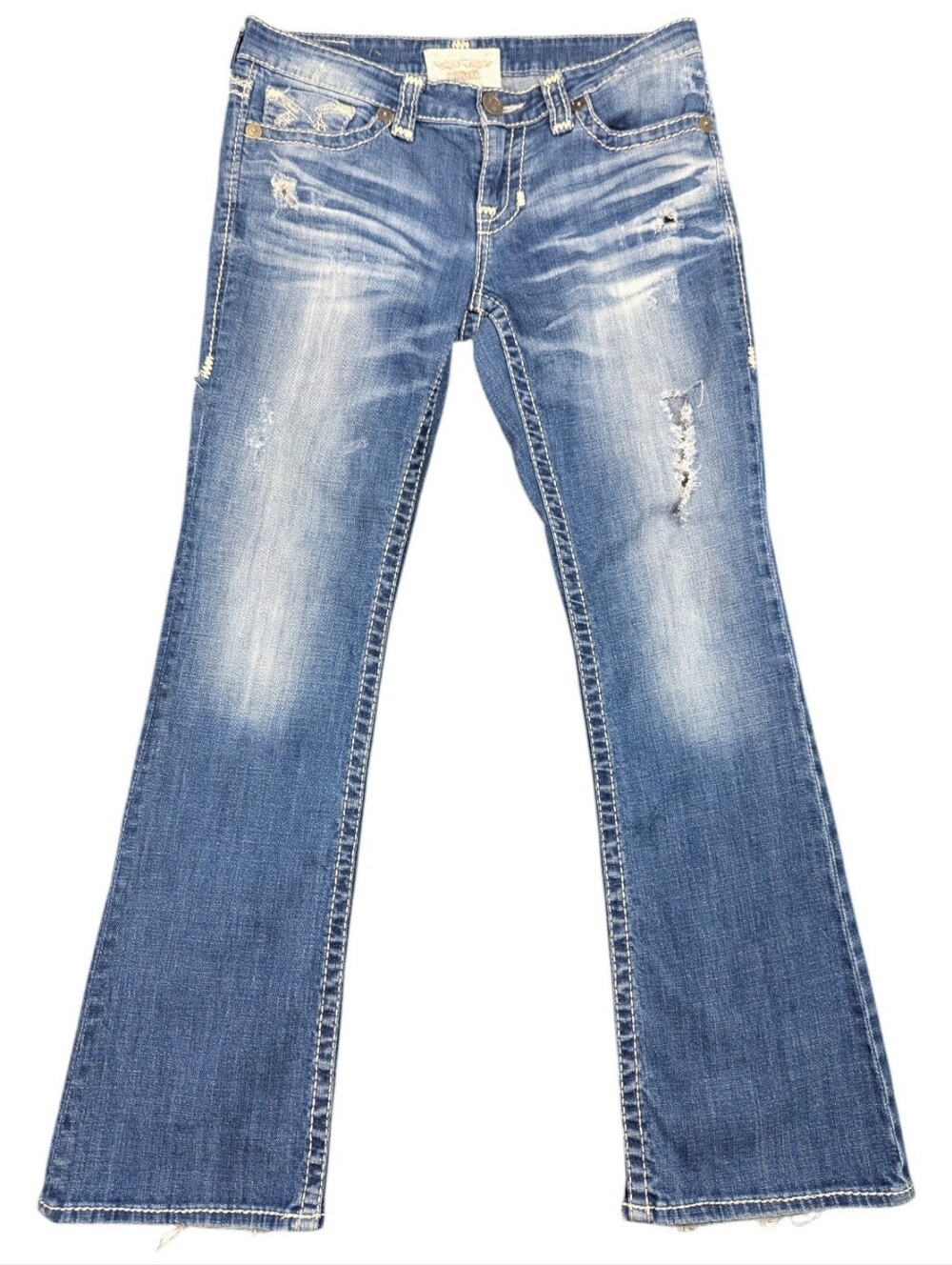 Big Star Y2K Low Rise Liv BootCut Embroidery Thick Stitching Jeans Sz 30R Distre